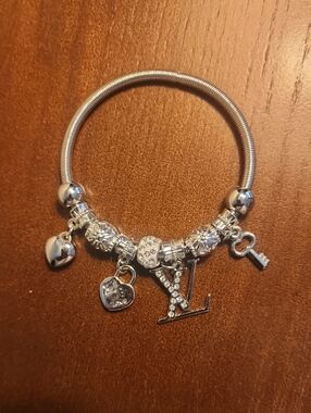 Silver Charm Bracelet with Heart, Key & Crystal LV Pendant